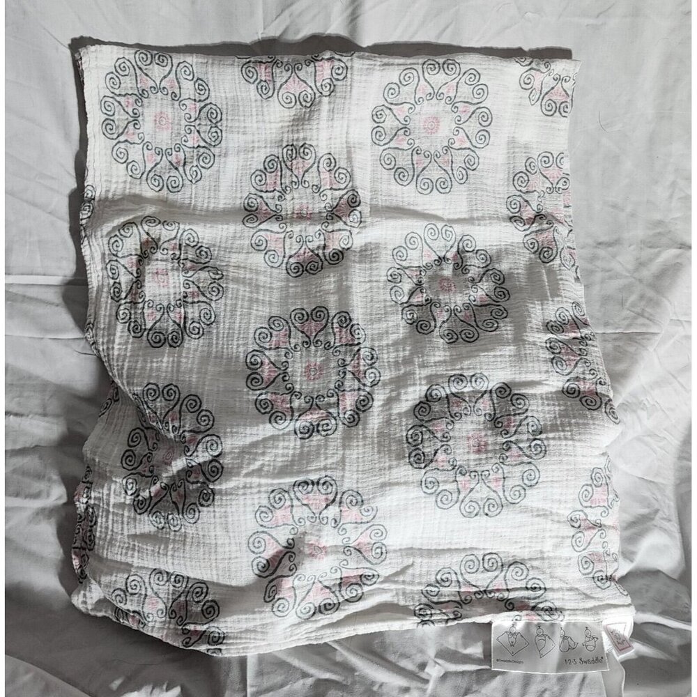 SwaddleDesigns Heart Geographic Gray Pink Cotton Gauze Baby Blanket 39x44